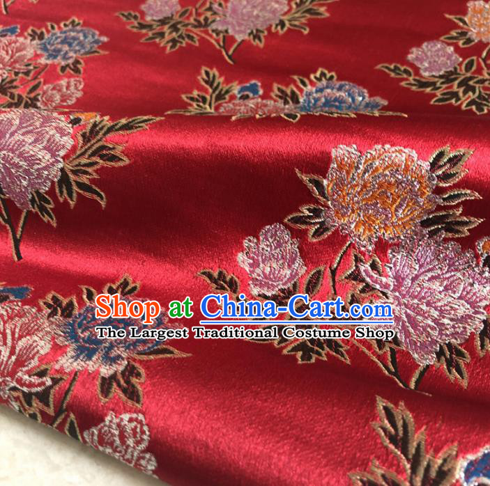 Chinese Traditional Peony Pattern Red Silk Fabric Hanfu Brocade Material