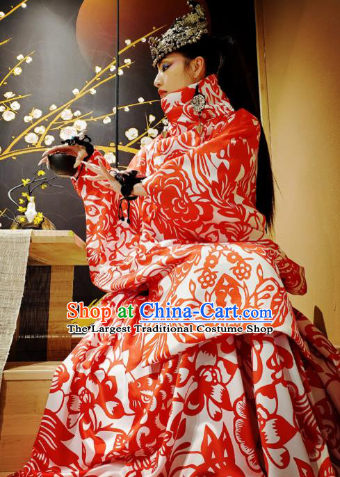 Chinese Traditional National Batik Red Dress Tang Suit Mandarin Sleeve Dress for Women
