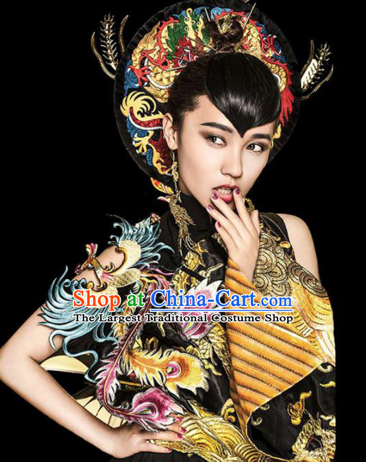 Chinese Traditional Embroidered Black Vest Tang Suit Waistcoat Costume for Women