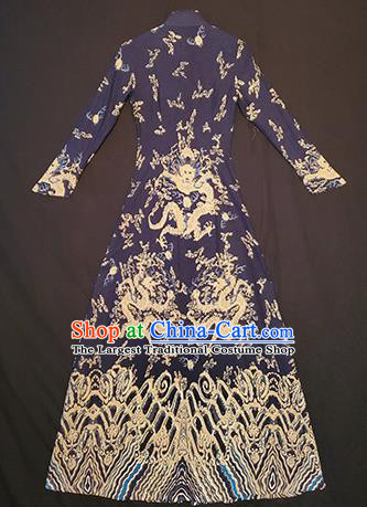 Chinese Traditional National Navy Linen Qipao Tang Suit Cheongsam Dress Costume for Women