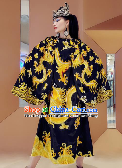 Chinese Traditional National Embroidered Dragon Black Qipao Dress Tang Suit Cheongsam Costume for Women