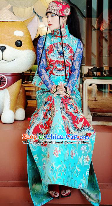 Chinese Traditional National Blue Brocade Vest and Skirt Tang Suit Cheongsam Costume for Women