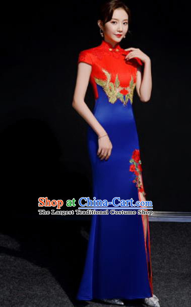 Chinese Compere National Embroidered Royalblue Qipao Dress Traditional Cheongsam Costume for Women