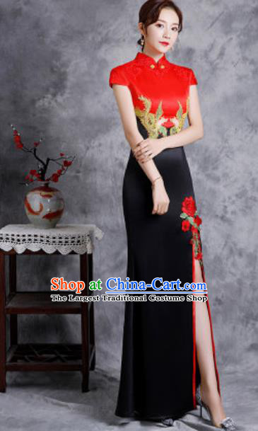 Chinese Compere National Embroidered Black Qipao Dress Traditional Cheongsam Costume for Women