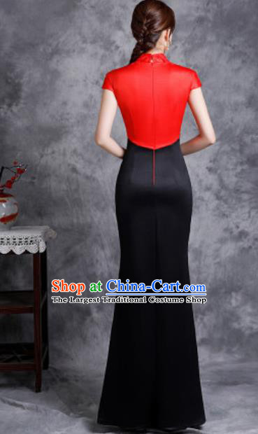 Chinese Compere National Embroidered Black Qipao Dress Traditional Cheongsam Costume for Women