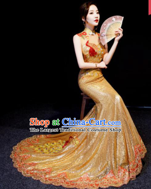 Chinese National Golden Sequins Trailing Qipao Dress Traditional Compere Cheongsam Costume for Women