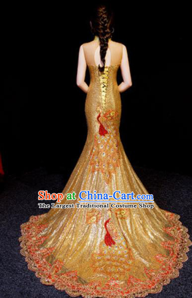 Chinese National Golden Sequins Trailing Qipao Dress Traditional Compere Cheongsam Costume for Women