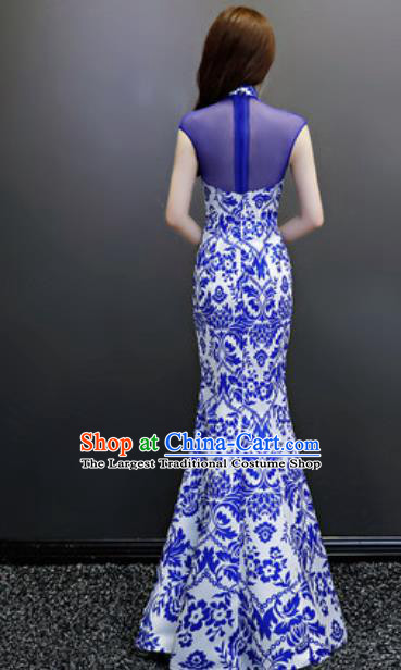 Chinese National Blue Printing Qipao Dress Traditional Compere Cheongsam Costume for Women