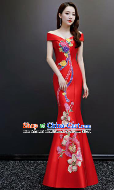 Top Compere Embroidered Red Flat Shoulder Full Dress Evening Party Costume for Women