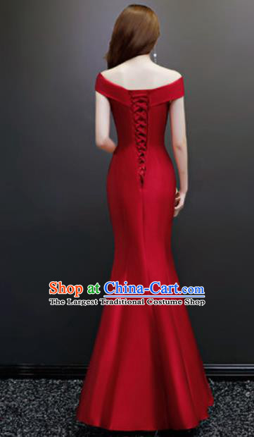 Top Compere Embroidered Wine Red Flat Shoulder Full Dress Evening Party Costume for Women