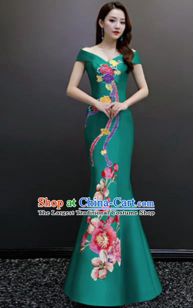 Top Compere Embroidered Green Flat Shoulder Full Dress Evening Party Costume for Women