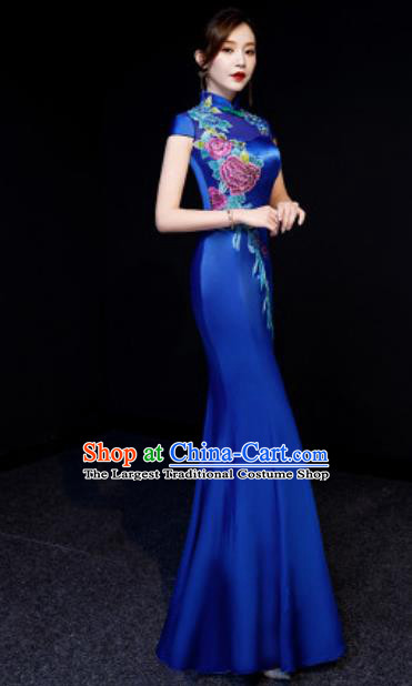 Chinese National Embroidered Peony Royalblue Qipao Dress Traditional Compere Cheongsam Costume for Women