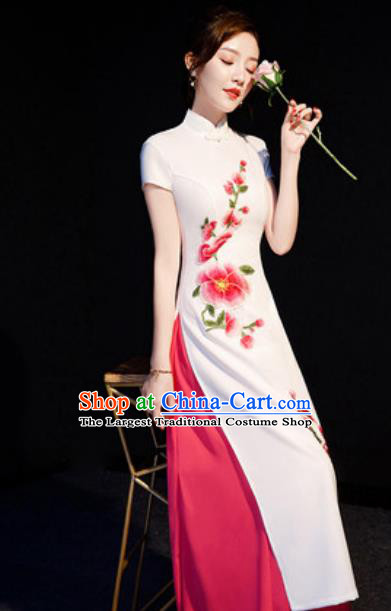 Chinese National Embroidered Peach Blossom White Qipao Dress Traditional Compere Cheongsam Costume for Women