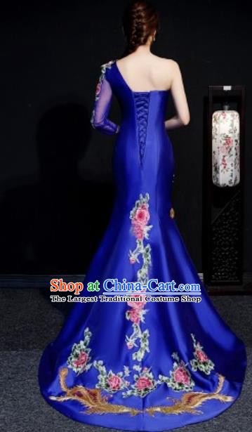 Chinese Compere National Embroidered Phoenix Peony Royalblue Full Dress Traditional Cheongsam Costume for Women