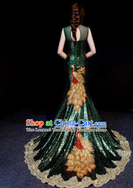 Chinese National Embroidered Peacock Atrovirens Trailing Qipao Dress Traditional Compere Cheongsam Costume for Women