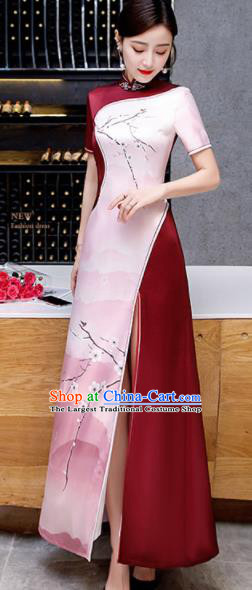 Chinese Spring Festival Gala Printing Pink Qipao Dress Traditional Compere Cheongsam Costume for Women