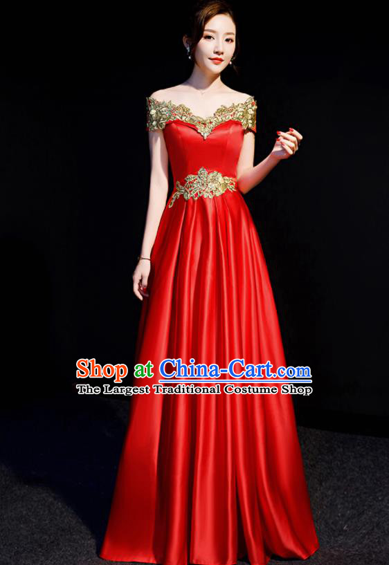 Top Compere Red Flat Shoulder Full Dress Evening Party Costume for Women