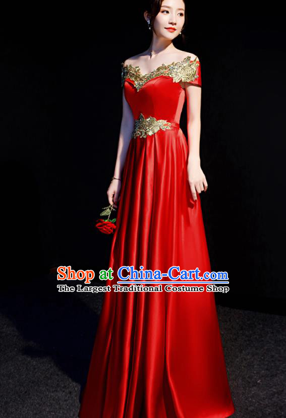 Top Compere Red Flat Shoulder Full Dress Evening Party Costume for Women