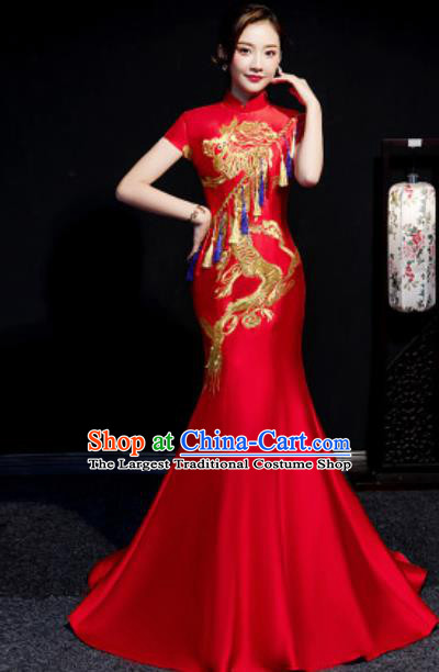 Chinese Compere National Embroidered Dragon Red Fishtail Full Dress Traditional Cheongsam Costume for Women