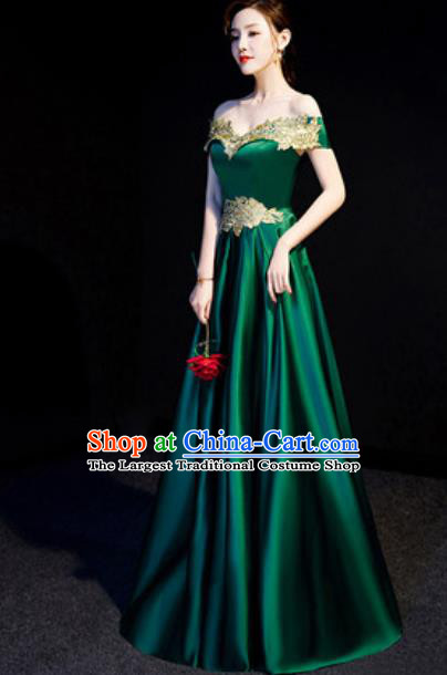 Top Compere Green Flat Shoulder Full Dress Evening Party Costume for Women