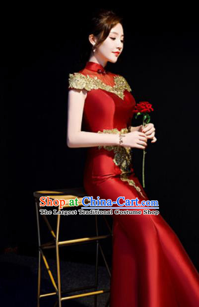 Chinese Traditional Bride Embroidered Wine Red Qipao Dress Spring Festival Gala Compere Cheongsam Costume for Women