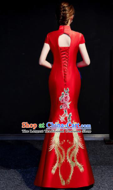 Chinese Compere National Embroidered Dragon Red Full Dress Traditional Cheongsam Costume for Women