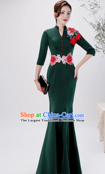 Chinese Compere Embroidered Peony Atrovirens Fishtail Full Dress Traditional National Cheongsam Costume for Women