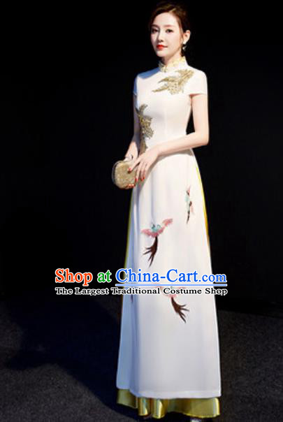 Chinese National Embroidered Birds White Qipao Dress Traditional Compere Cheongsam Costume for Women
