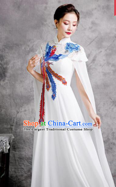 Chinese Compere Embroidered Phoenix White Trailing Full Dress Traditional National Cheongsam Costume for Women