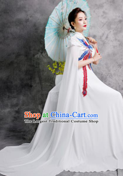 Chinese Compere Embroidered Phoenix White Trailing Full Dress Traditional National Cheongsam Costume for Women