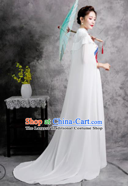 Chinese Compere Embroidered Phoenix White Trailing Full Dress Traditional National Cheongsam Costume for Women