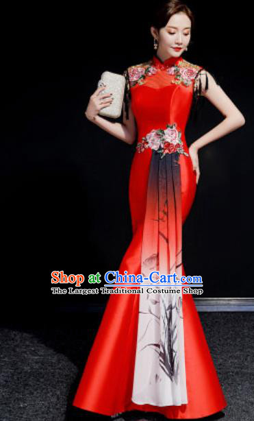 Chinese National Embroidered Red Qipao Dress Traditional Compere Cheongsam Costume for Women