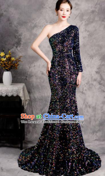 Top Compere Navy Single Shoulder Full Dress Evening Party Costume for Women
