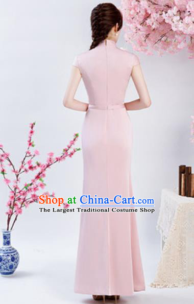 Chinese Chorus Embroidered Peony Pink Qipao Dress Traditional National Compere Cheongsam Costume for Women