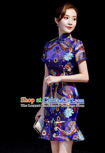 Chinese Chorus Royalblue Brocade Short Qipao Dress Traditional National Compere Cheongsam Costume for Women