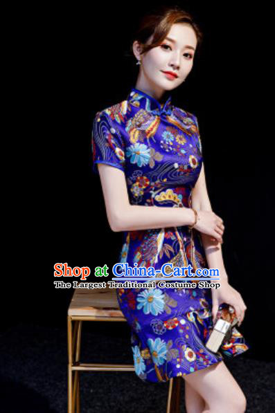 Chinese Chorus Royalblue Brocade Short Qipao Dress Traditional National Compere Cheongsam Costume for Women
