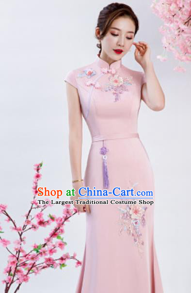 Chinese Chorus Embroidered Peony Pink Qipao Dress Traditional National Compere Cheongsam Costume for Women