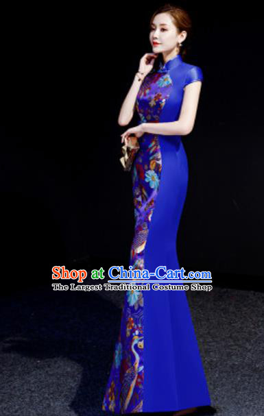Chinese Chorus Royalblue Mermaid Qipao Dress Traditional National Compere Cheongsam Costume for Women