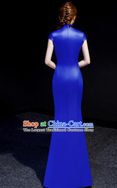 Chinese Chorus Royalblue Mermaid Qipao Dress Traditional National Compere Cheongsam Costume for Women