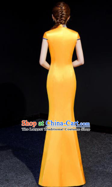 Chinese Chorus Golden Mermaid Qipao Dress Traditional National Compere Cheongsam Costume for Women