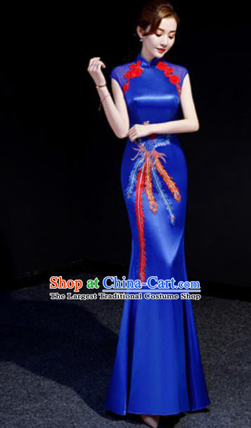 Chinese Chorus Embroidered Phoenix Royalblue Mermaid Qipao Dress Traditional National Compere Cheongsam Costume for Women