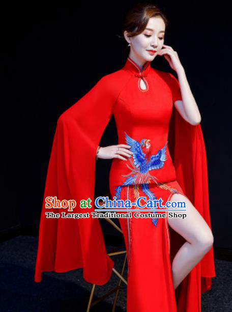 Chinese National Embroidered Phoenix Red Qipao Dress Traditional Compere Cheongsam Costume for Women