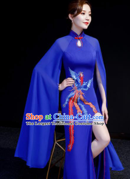Chinese National Embroidered Phoenix Royalblue Qipao Dress Traditional Compere Cheongsam Costume for Women