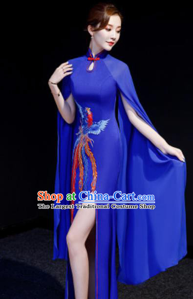 Chinese National Embroidered Phoenix Royalblue Qipao Dress Traditional Compere Cheongsam Costume for Women
