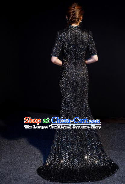 Chinese National Black Sequins Qipao Dress Traditional Compere Cheongsam Costume for Women