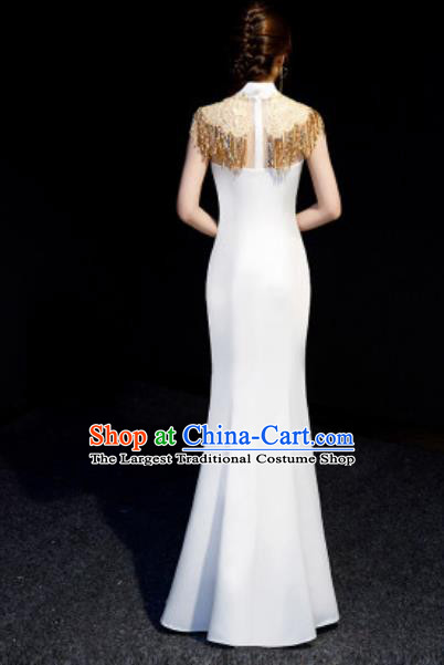 Chinese National Golden Tassel Qipao Dress Traditional Compere Cheongsam Costume for Women