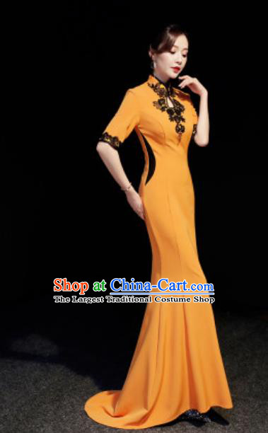 Chinese National Orange Trailing Qipao Dress Traditional Compere Cheongsam Costume for Women