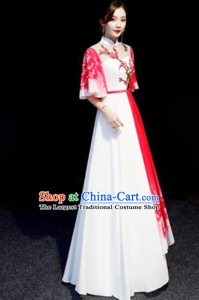 Chinese National Embroidered Plum White Qipao Dress Traditional Compere Cheongsam Costume for Women