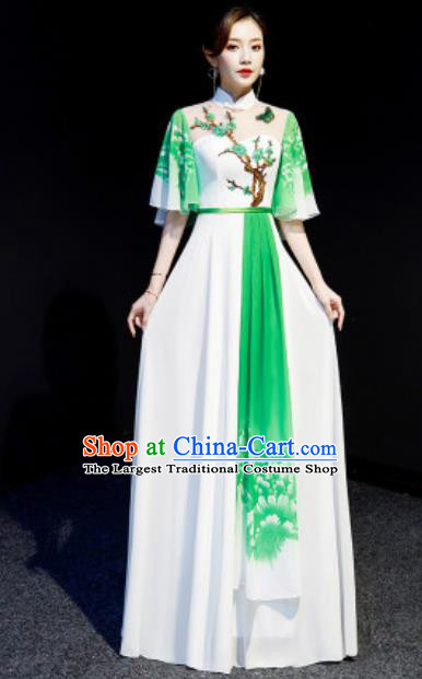 Chinese National Embroidered Plum Green Qipao Dress Traditional Compere Cheongsam Costume for Women