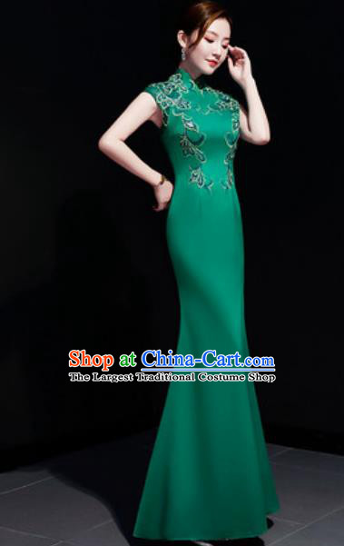 Chinese Traditional Embroidered Green Qipao Dress Compere Cheongsam Costume for Women